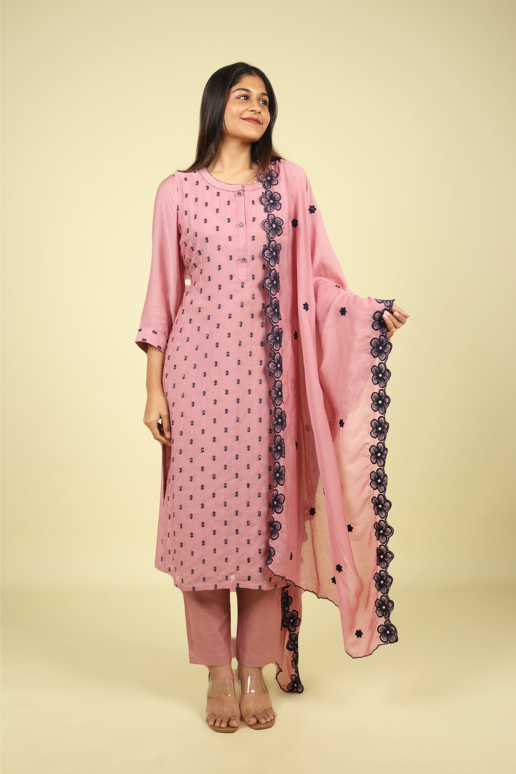 Peach Mul Chanderi Straight Salwar Set