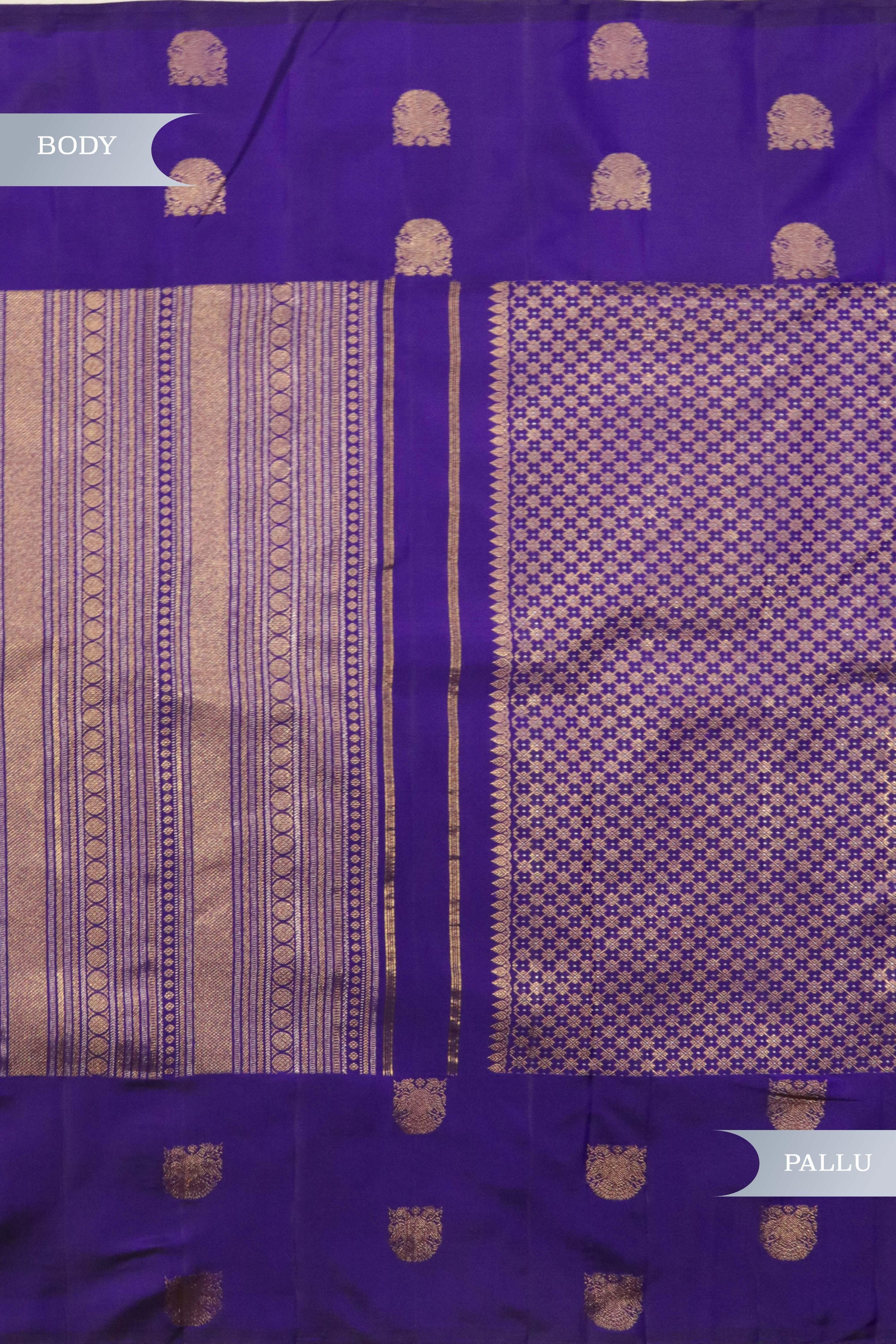Blue Kanchipuram Silk Saree with Gold & Silver Geometrical Weaving and Zari Motif Border - Mokshaa
