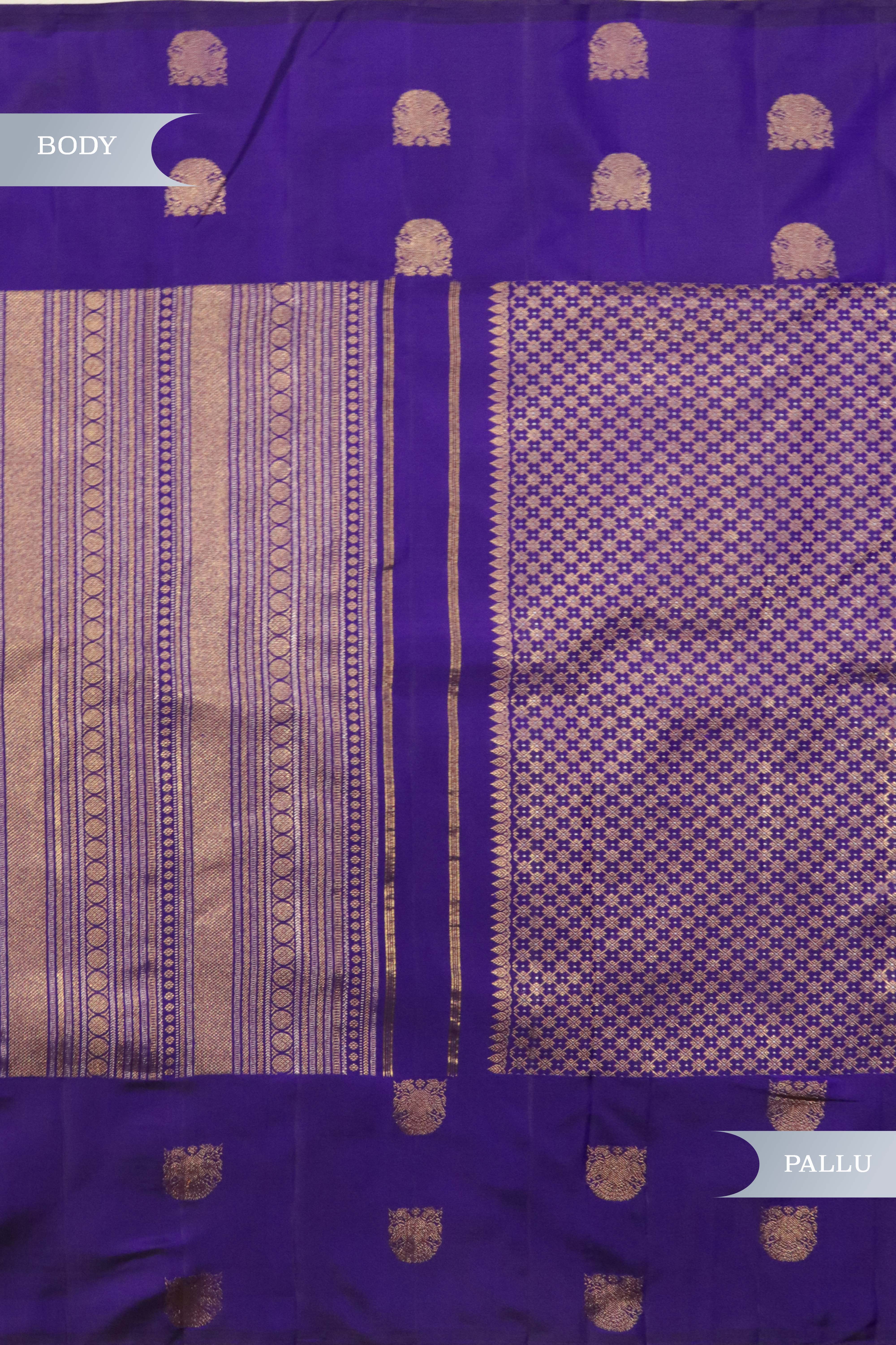 Blue Kanchipuram Silk Saree with Gold & Silver Geometrical Weaving and Zari Motif Border