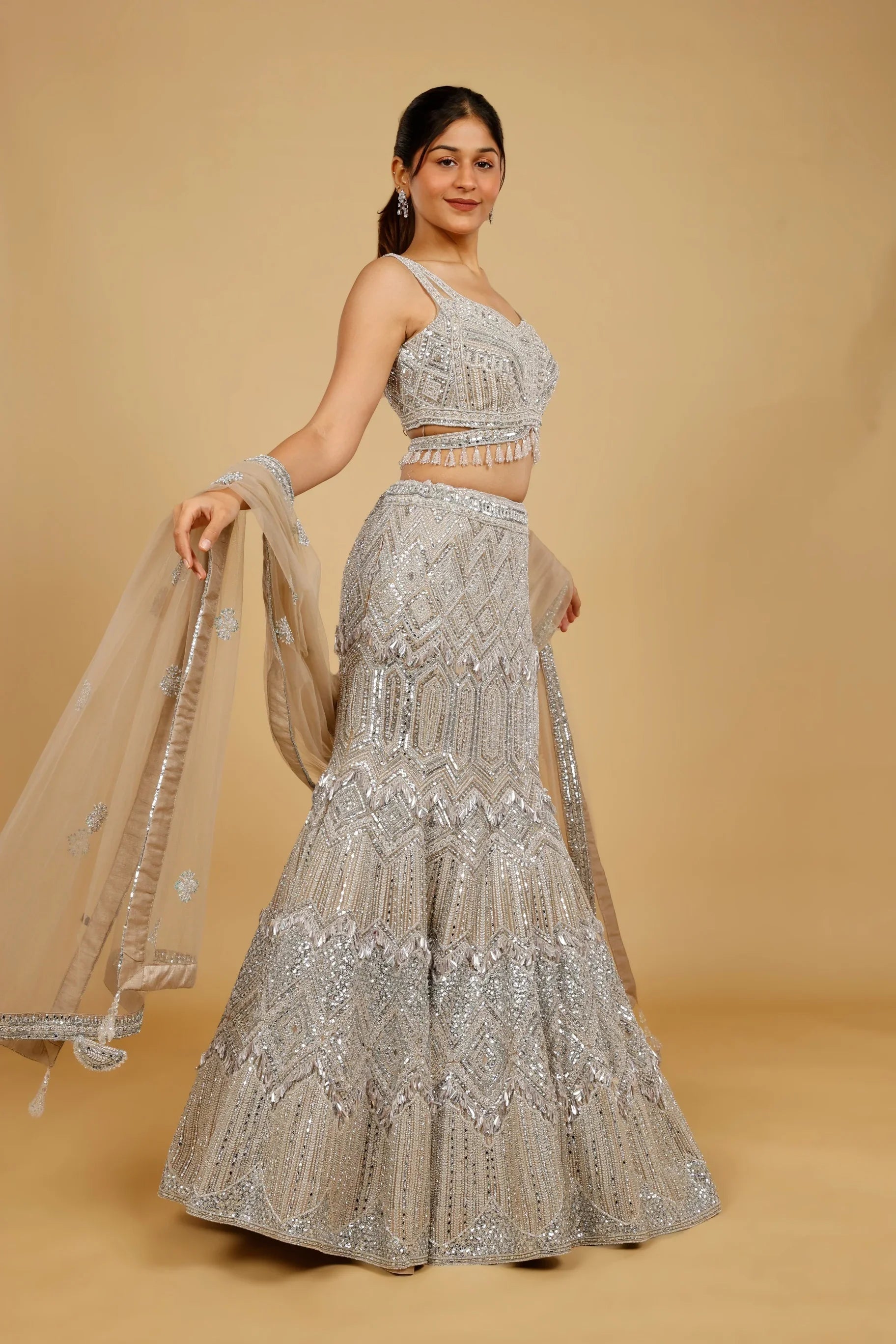 Champagne Net Mermaid Lehenga Set with Mirror, Pearl & Sequin Embroidery