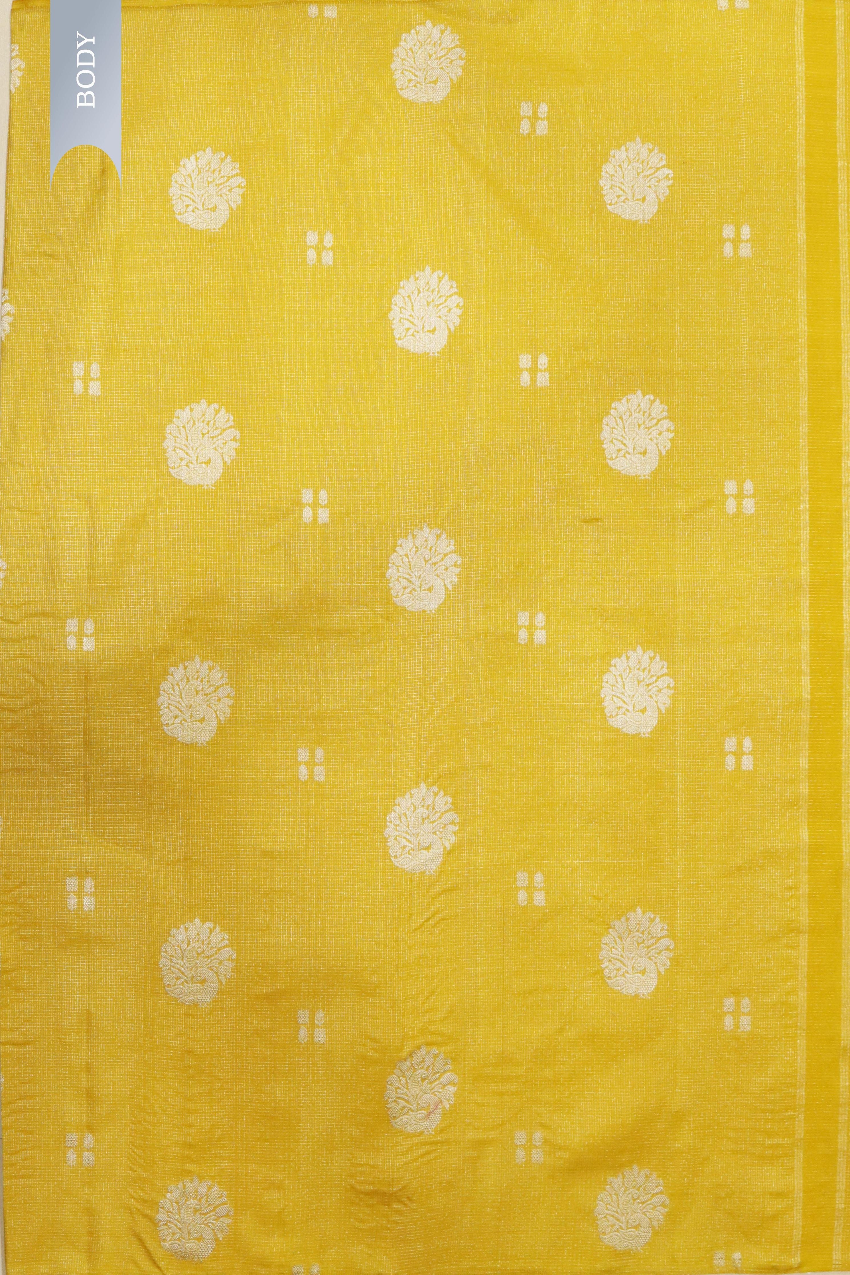 Yellow Kanchipuram Silk Saree with Small Silver Zari Checks & Motifs - Mokshaa