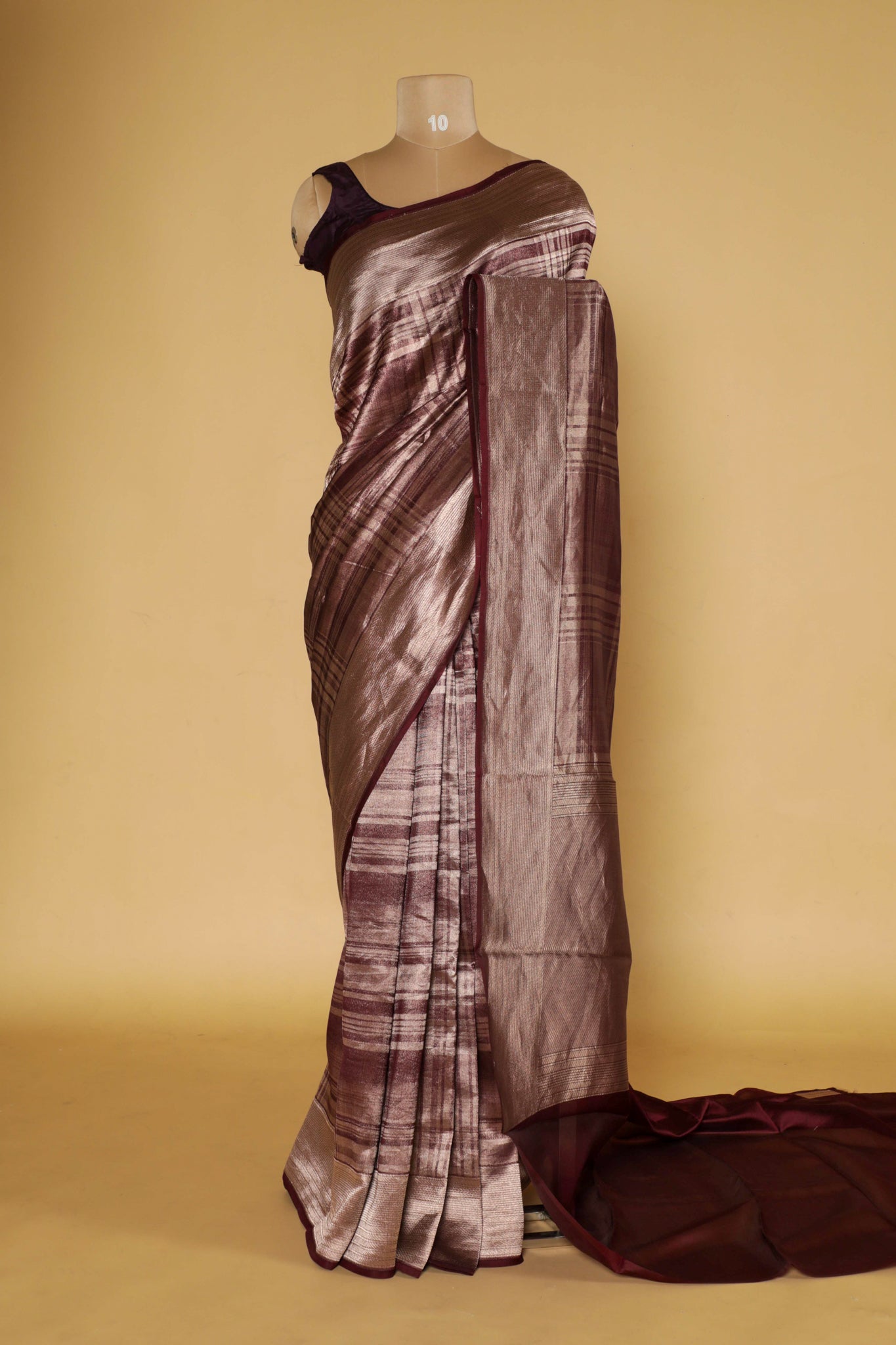"Wine Banarasi Kora Silk Saree with Self Zari Checks & Zari Border** "