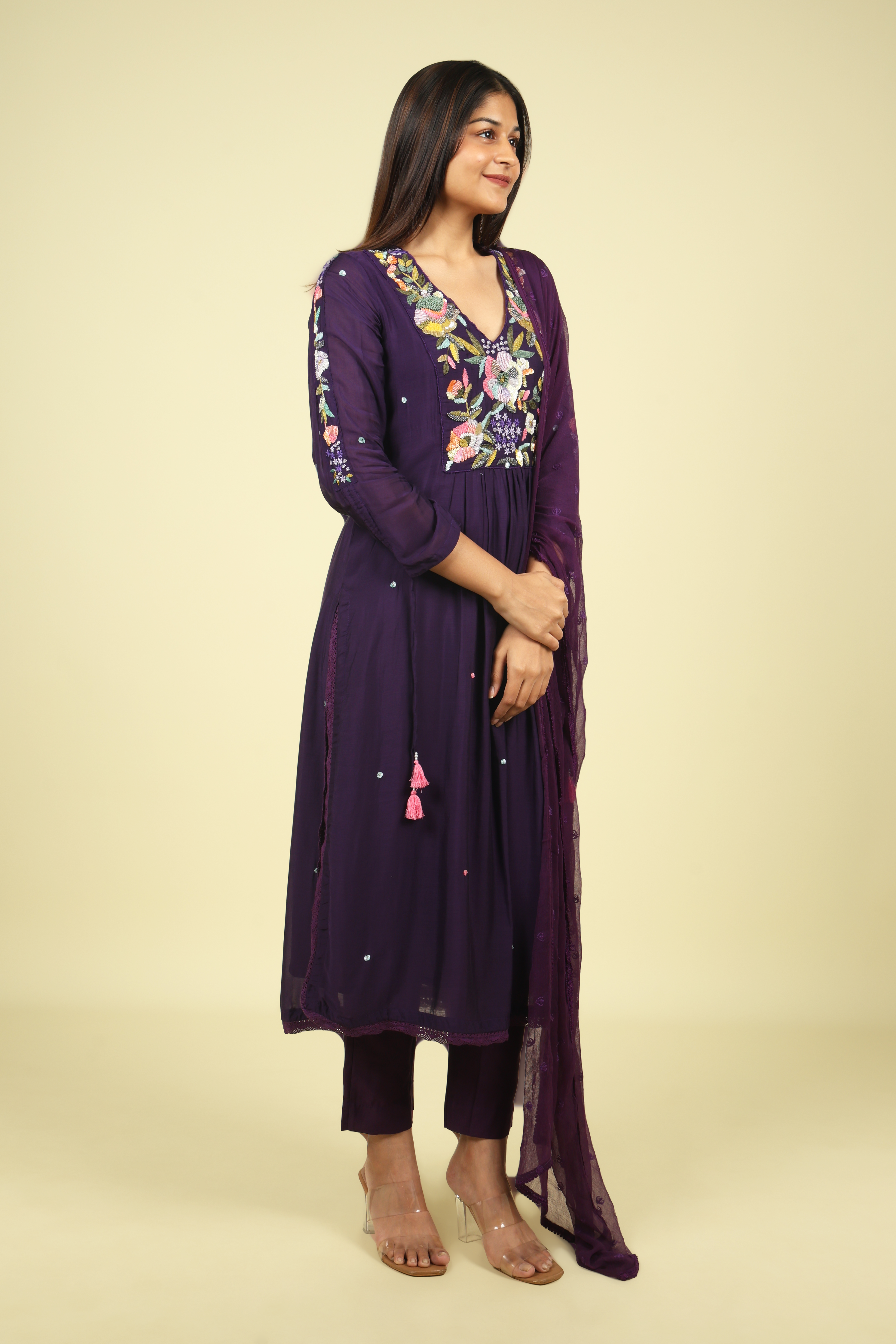 Purple Embroidered Mul Chanderi Salwar Set - Mokshaa