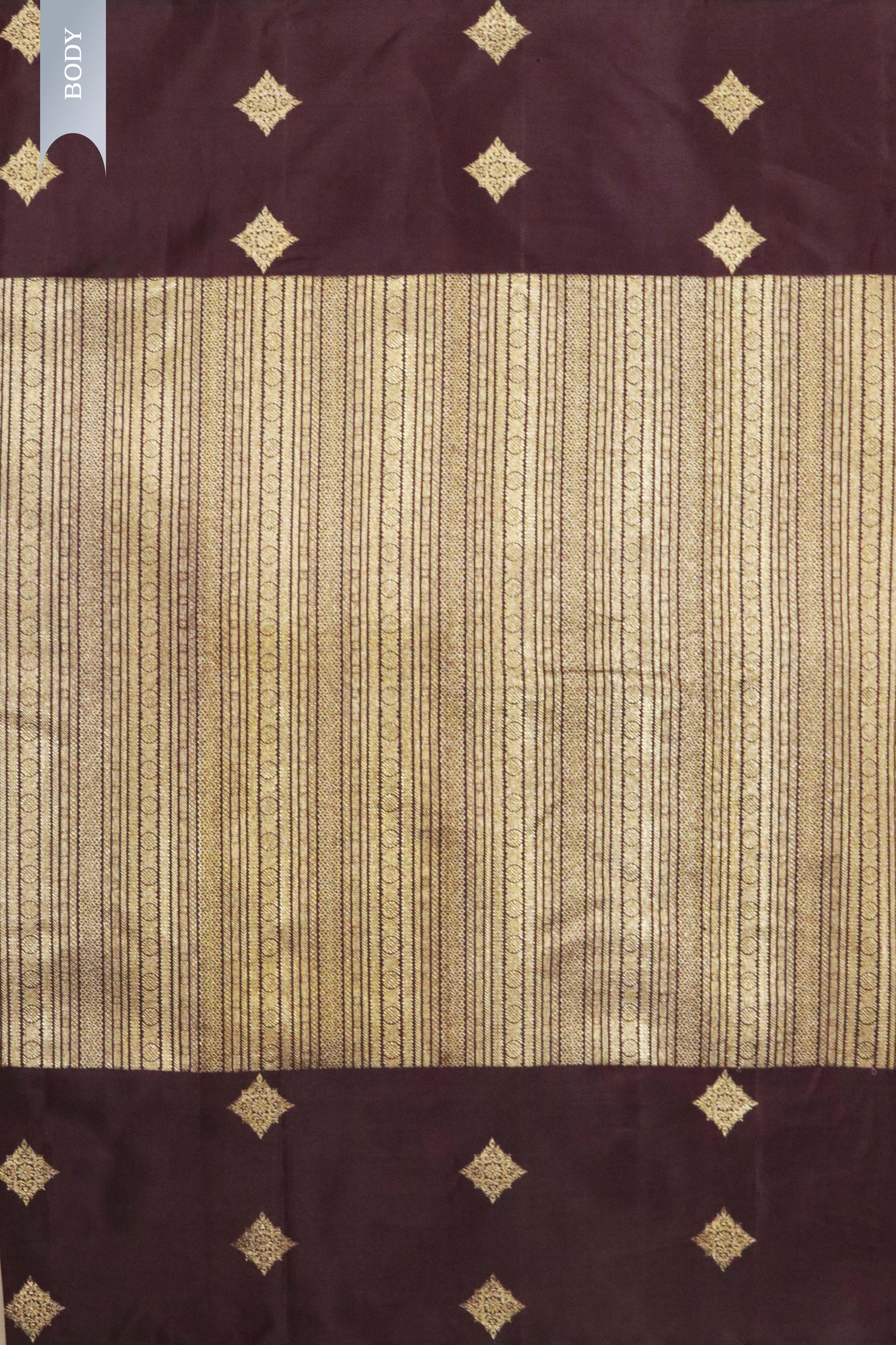 Brown Kanchipuram Silk Saree with Gold Geometrical Lines and Zari Motif Border - Mokshaa