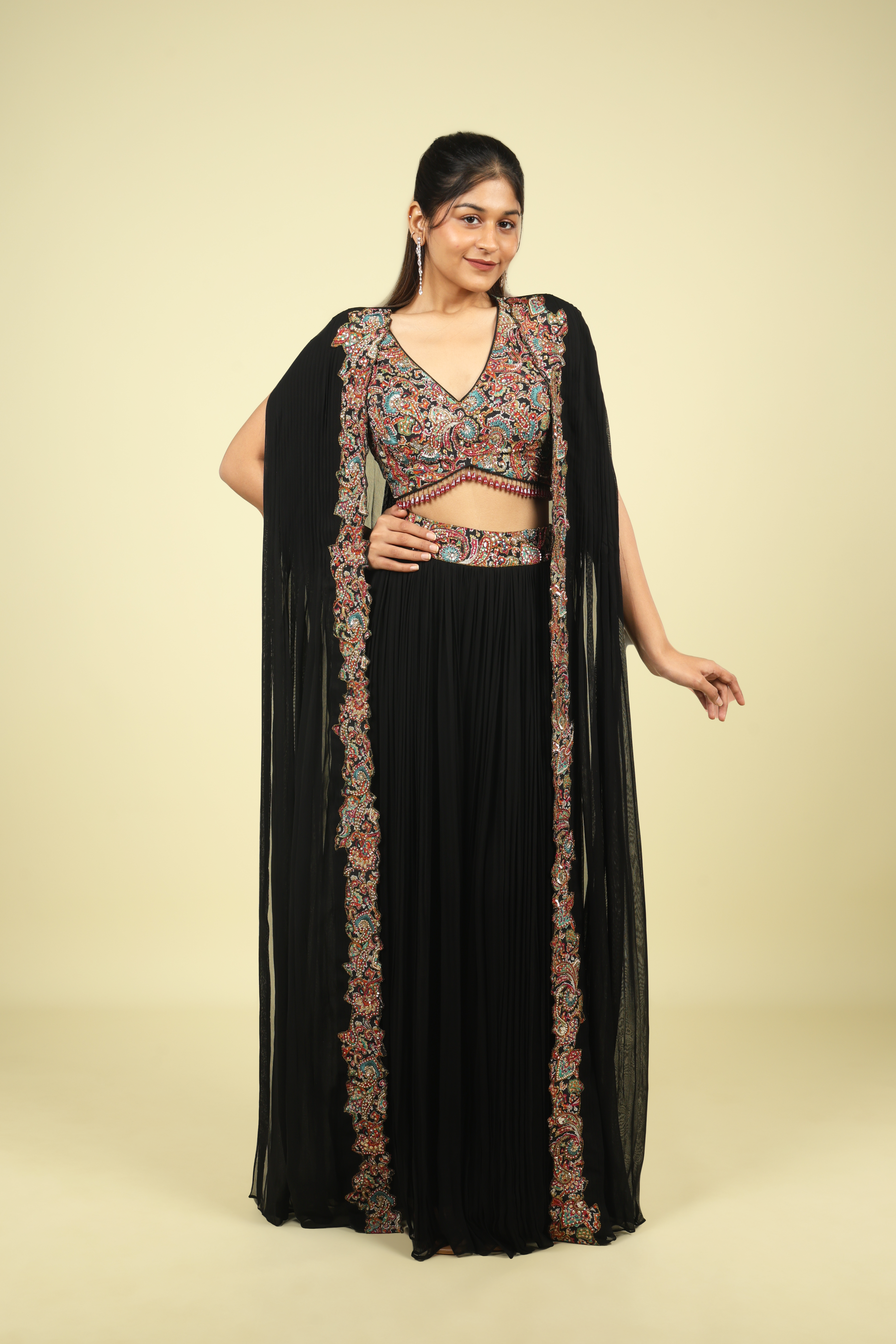 Black Georgette Crop Top Palazzo Set with Embroidered Cape