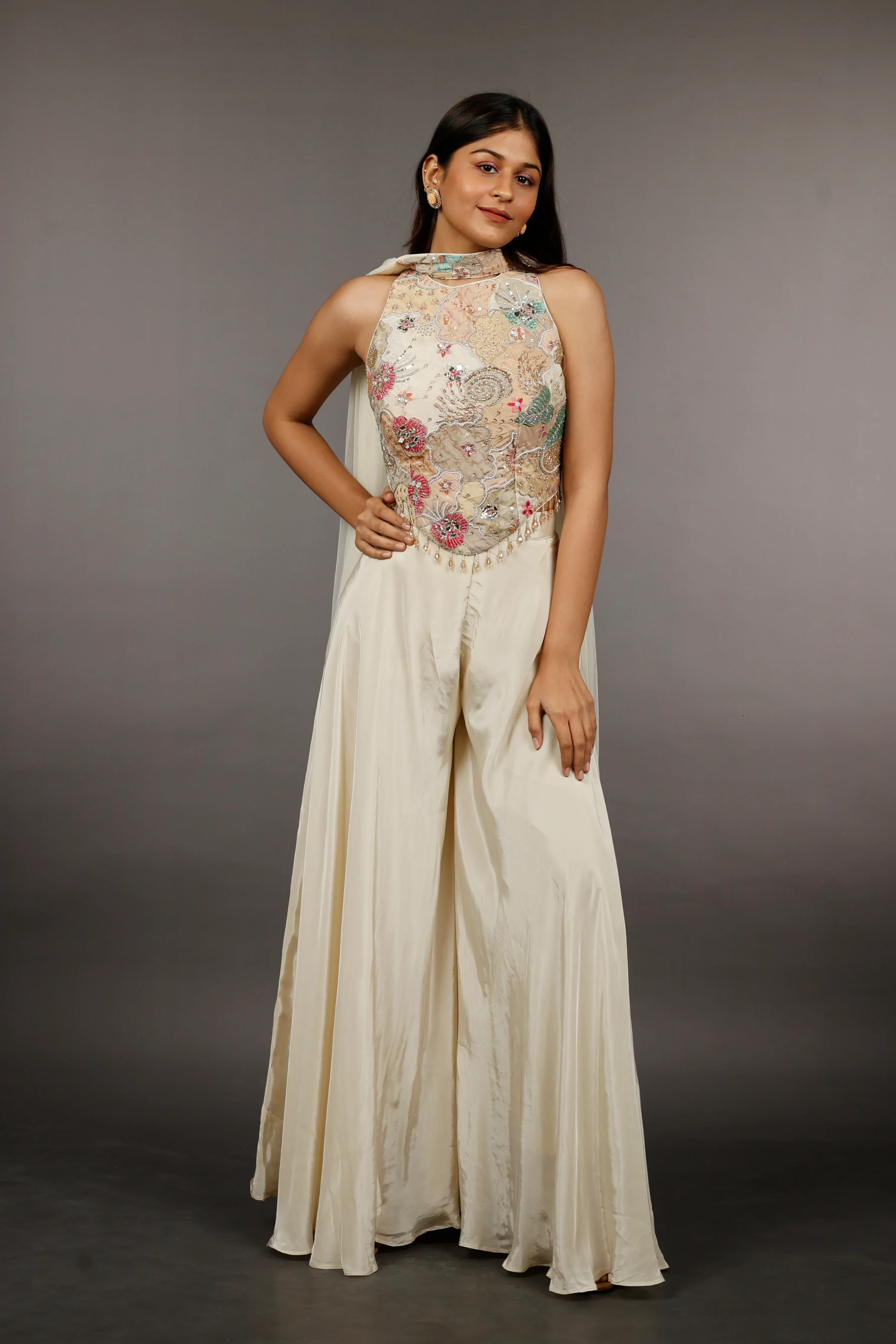 Ivory Satin Silk Corset Palazzo Set with Pearl, Cutdana & Zari Embroidery - Mokshaa