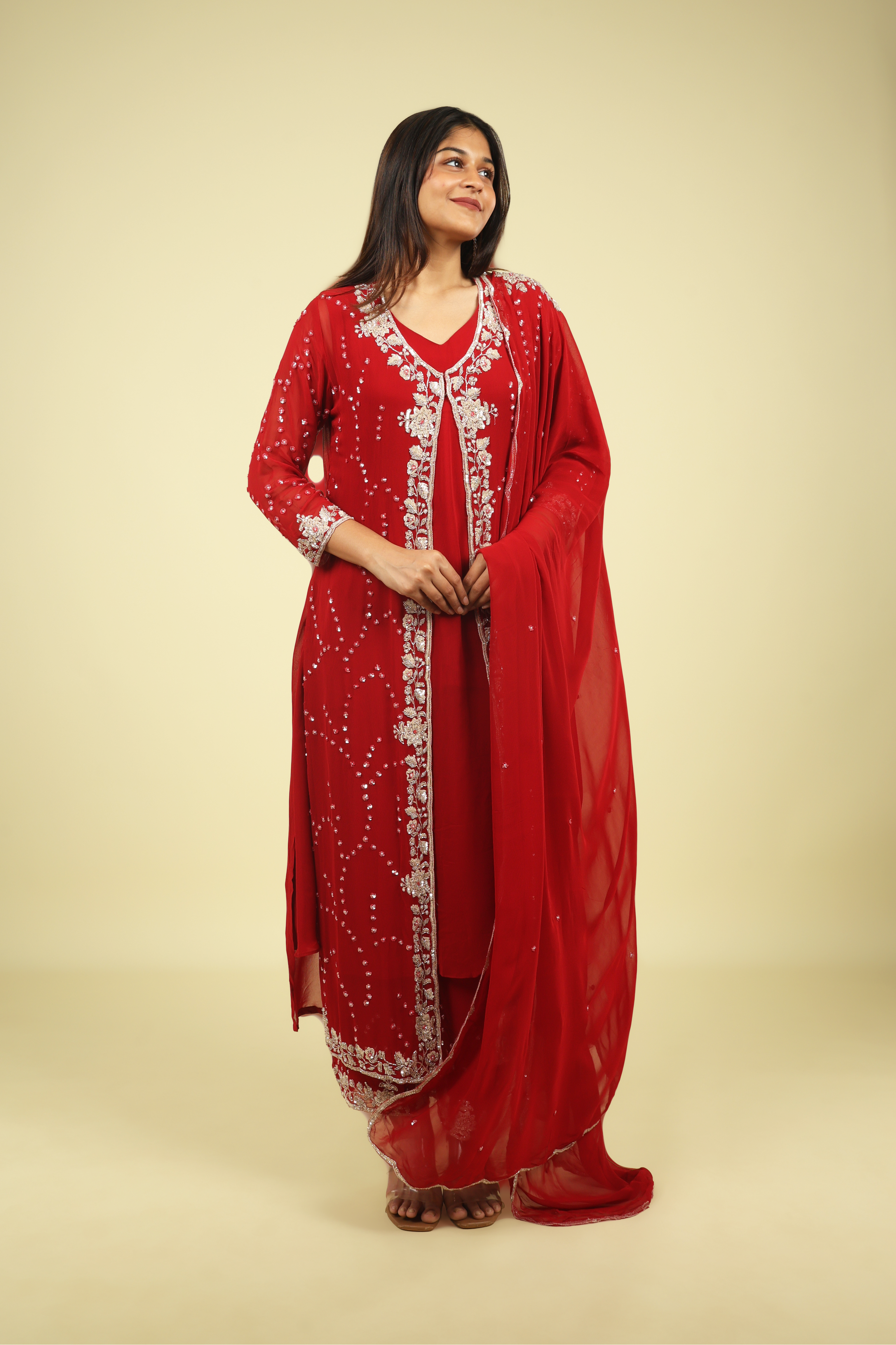 Red Georgette Anarkali Cape Set with Sequin, Cutdana & Pearl Embroidery - Mokshaa
