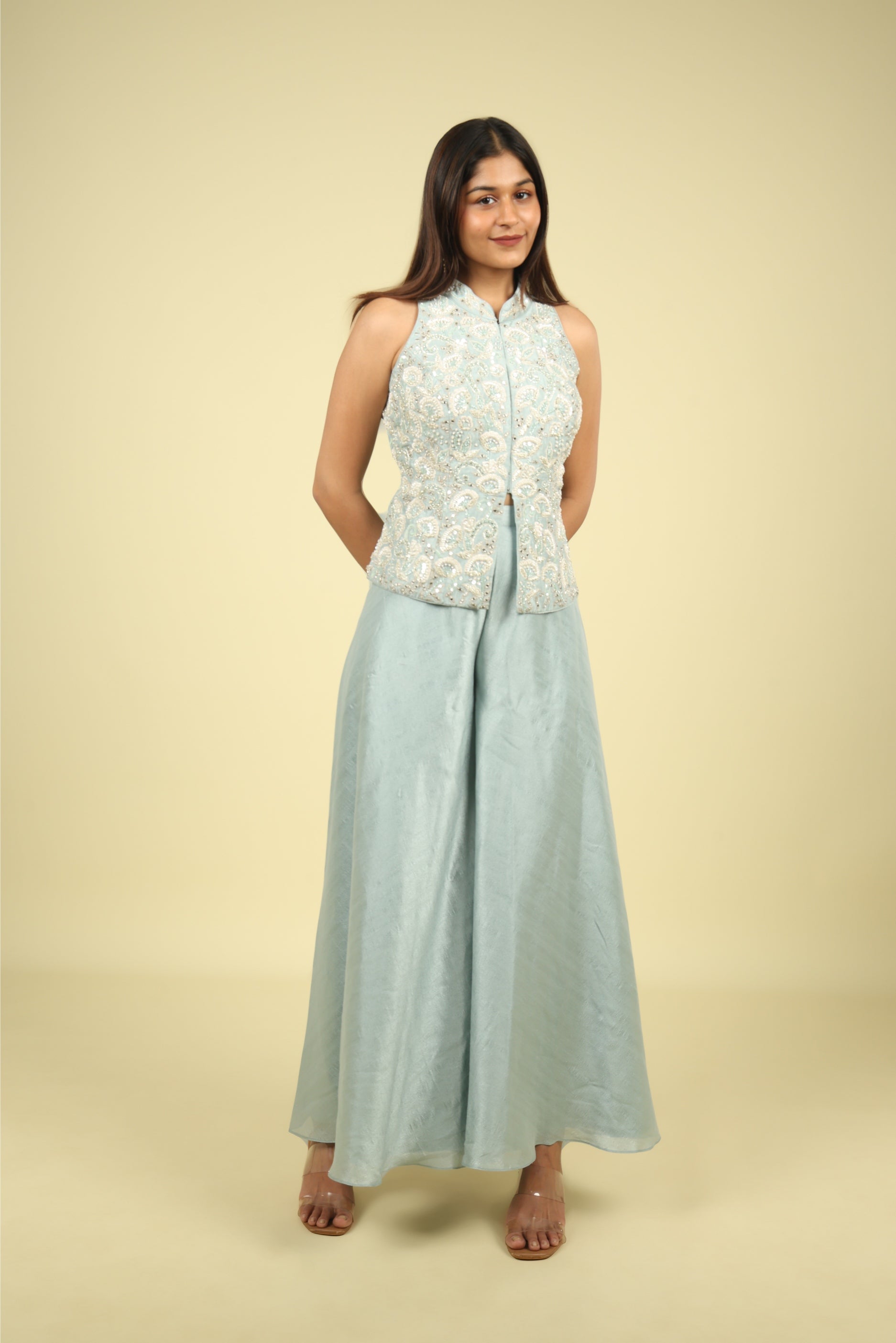 Blue Embroidered Silk Top With Palazzo