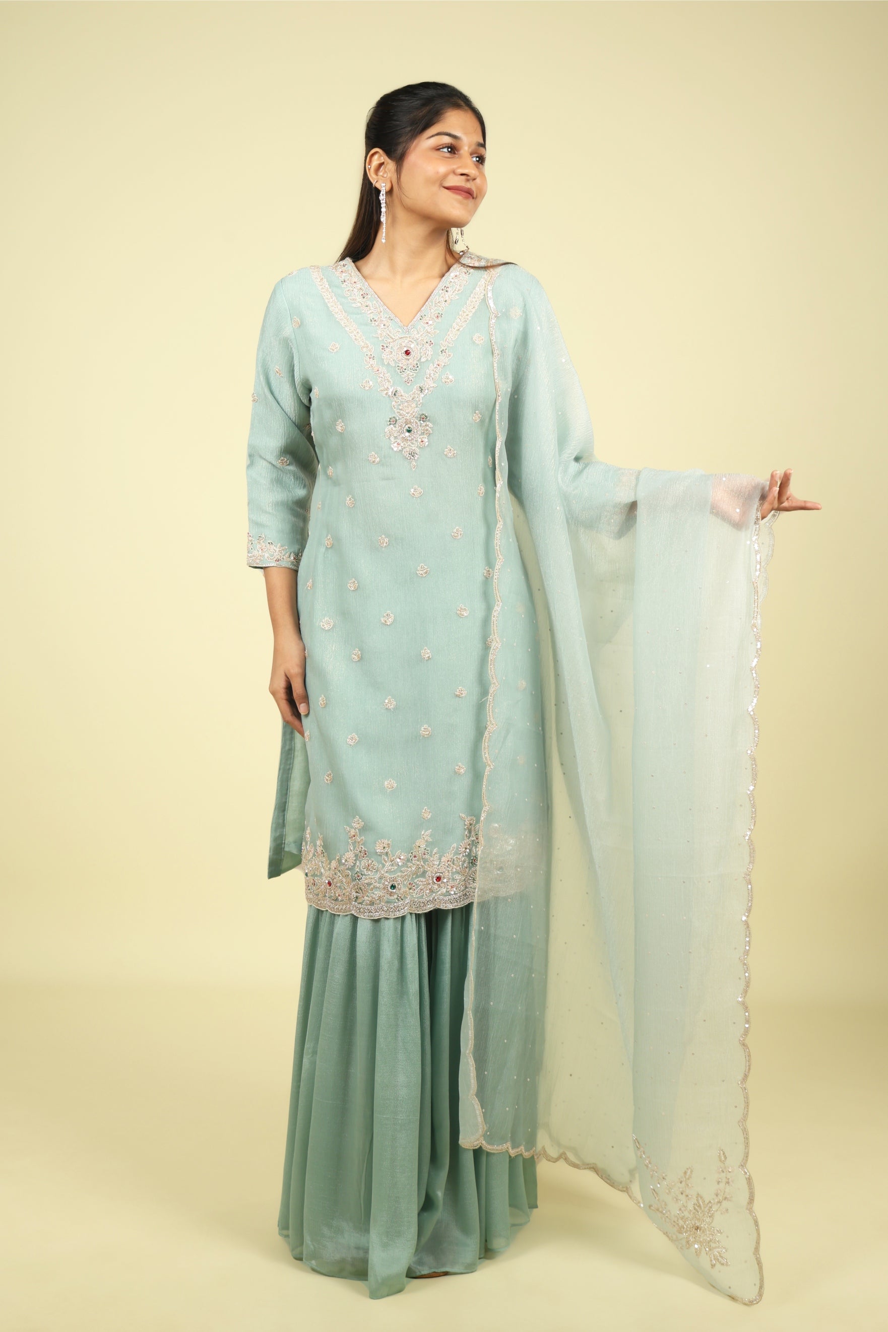Light Blue Crush Tissue Sharara Set with Cutdana & Pearl Embroidery