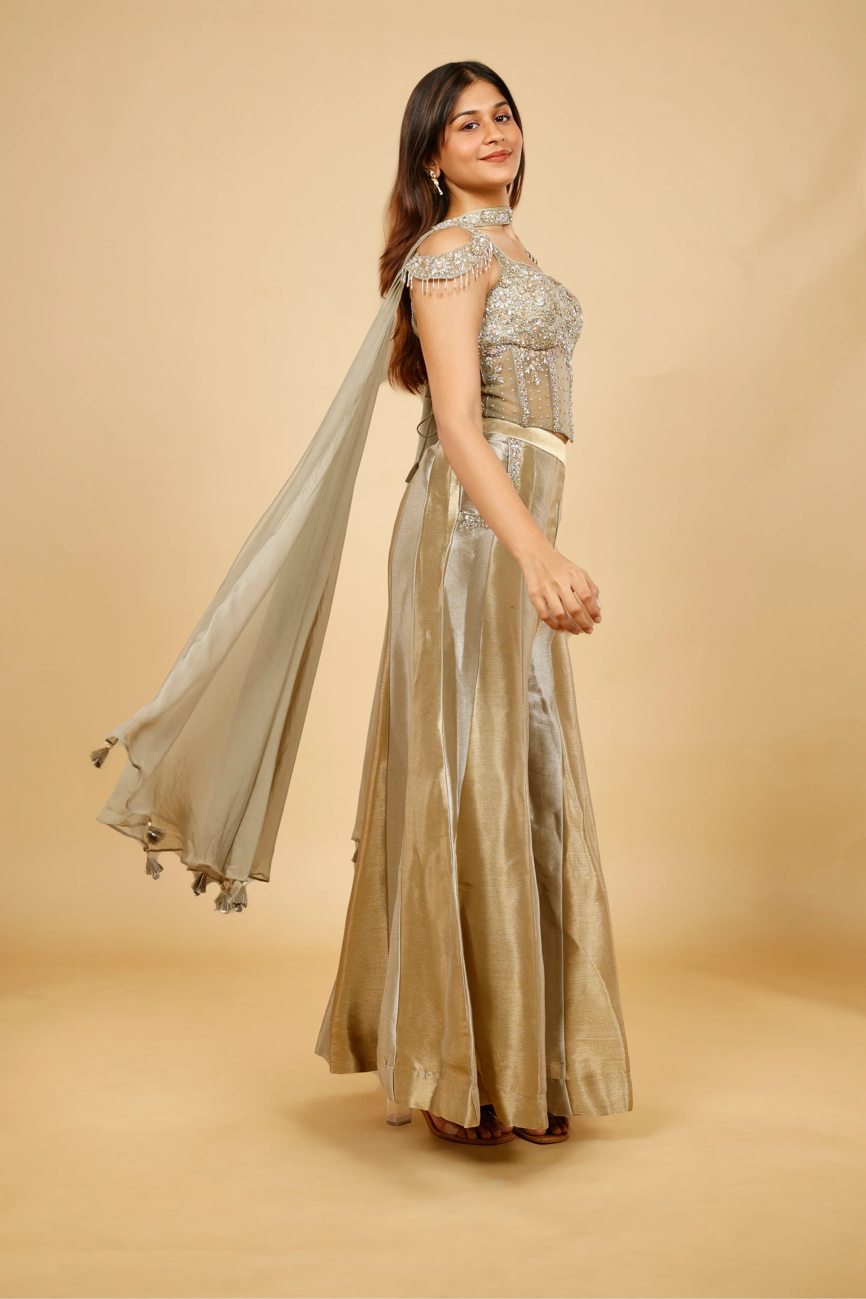 Gold Banarasi Tissue Corset with Palazzo Set - Mokshaa
