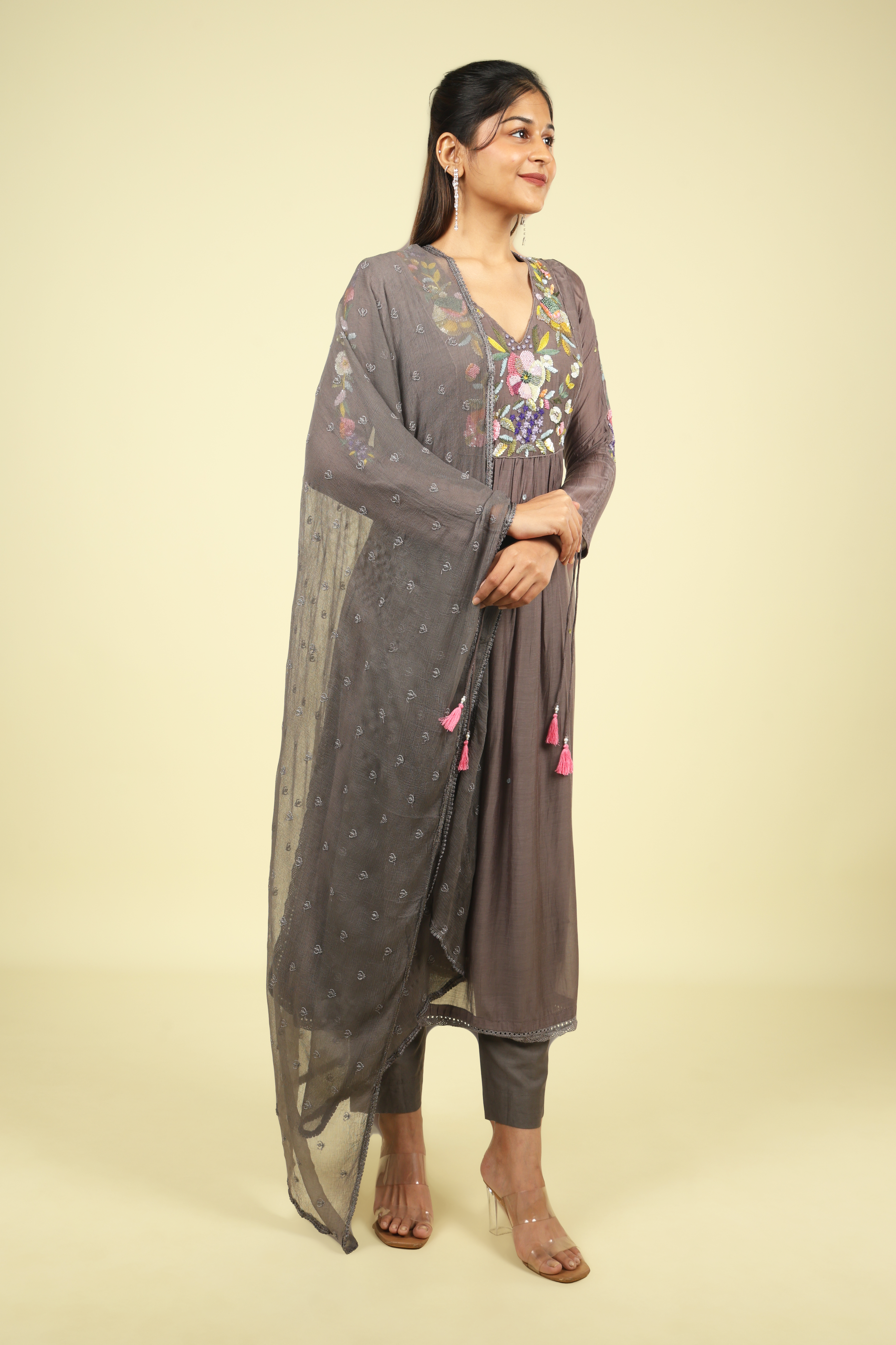 Grey Embroidered Mul Chanderi Salwar Set - Mokshaa