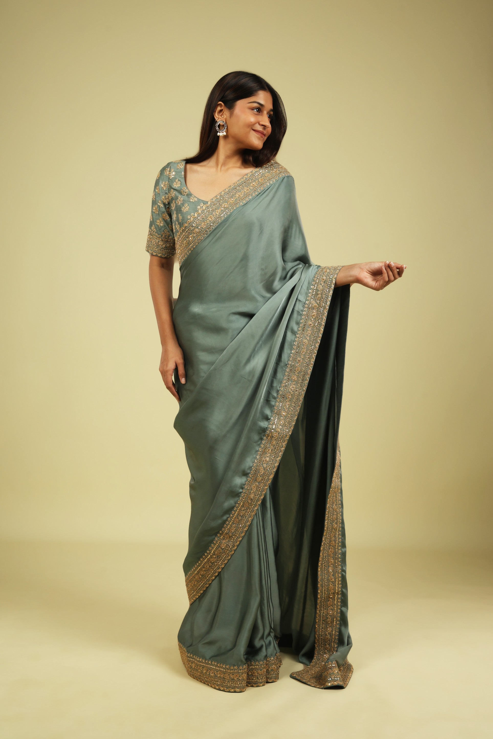 Powder Blue Satin Saree with Zari Thread Border & Zari Motif Blouse