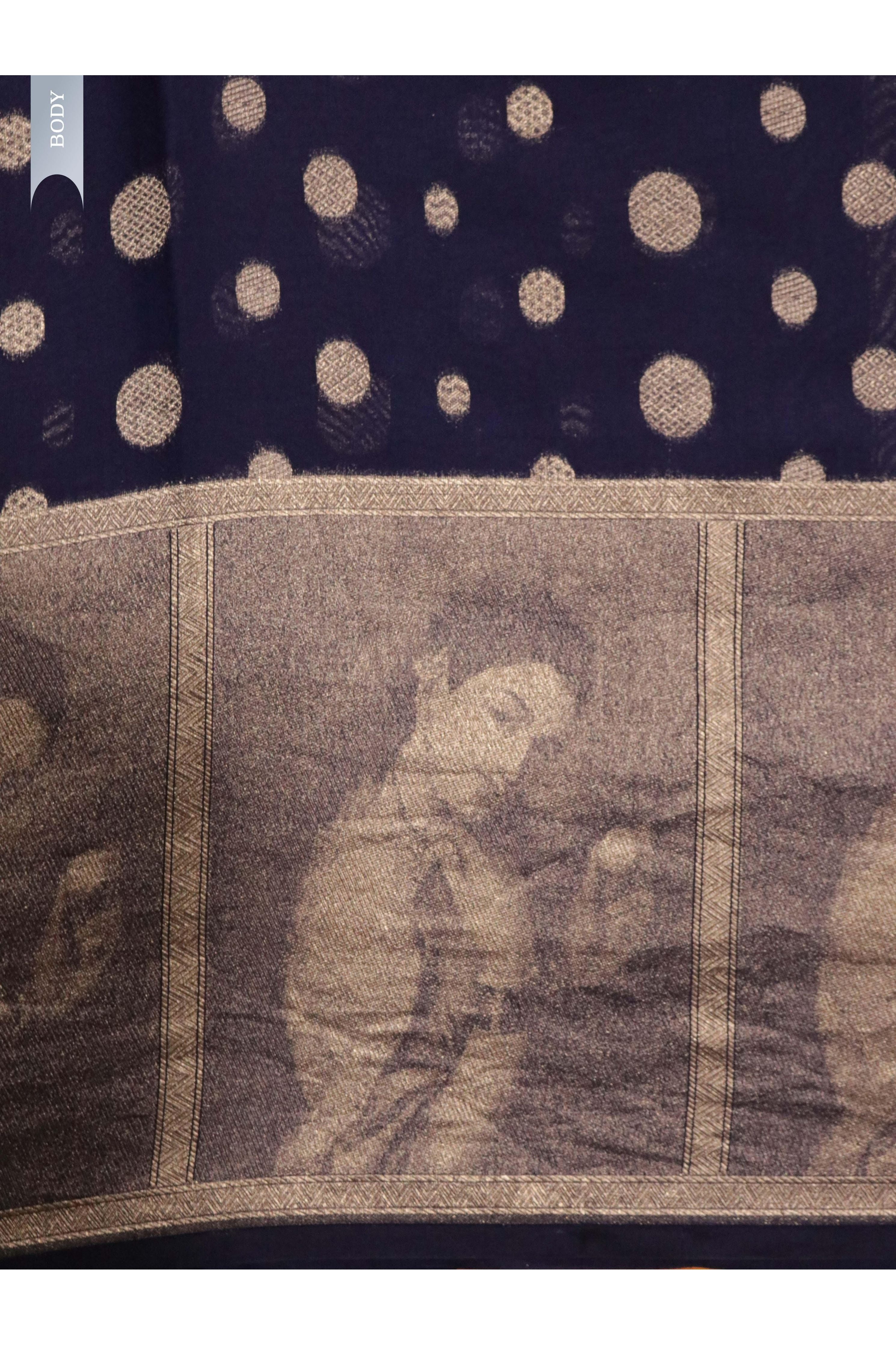 Navy Blue Banarasi Chanderi Silk Saree with All-Over Coins Butta & Digital Weaving - Mokshaa