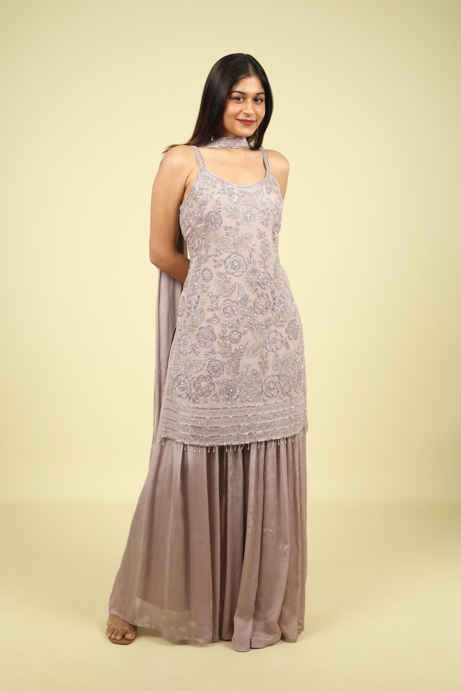 Dark Gold Chinon Sharara Set with Choker Dupatta