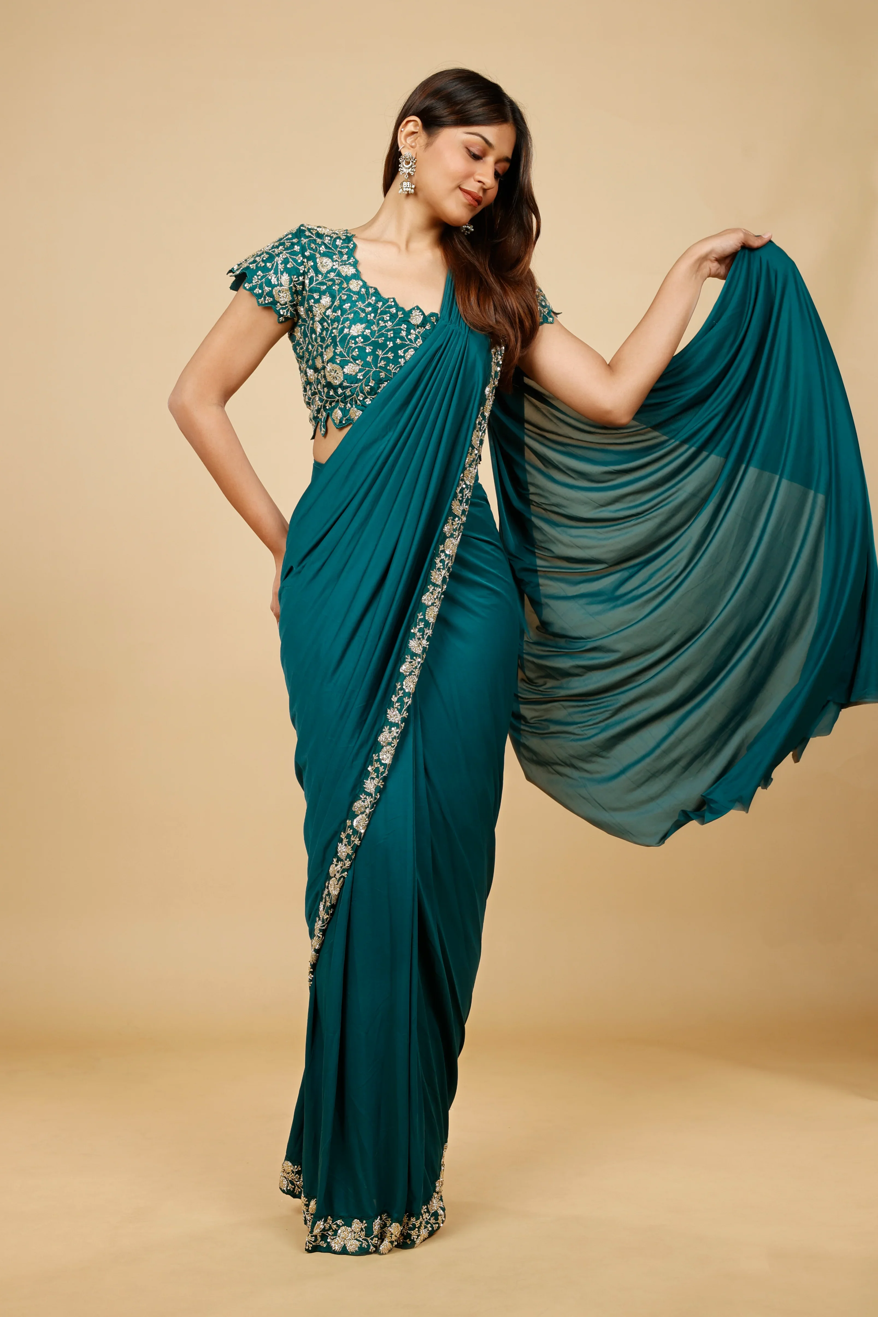 Emerald Green Lycra Silk Drape Saree with Kutdana Embroidery - Mokshaa