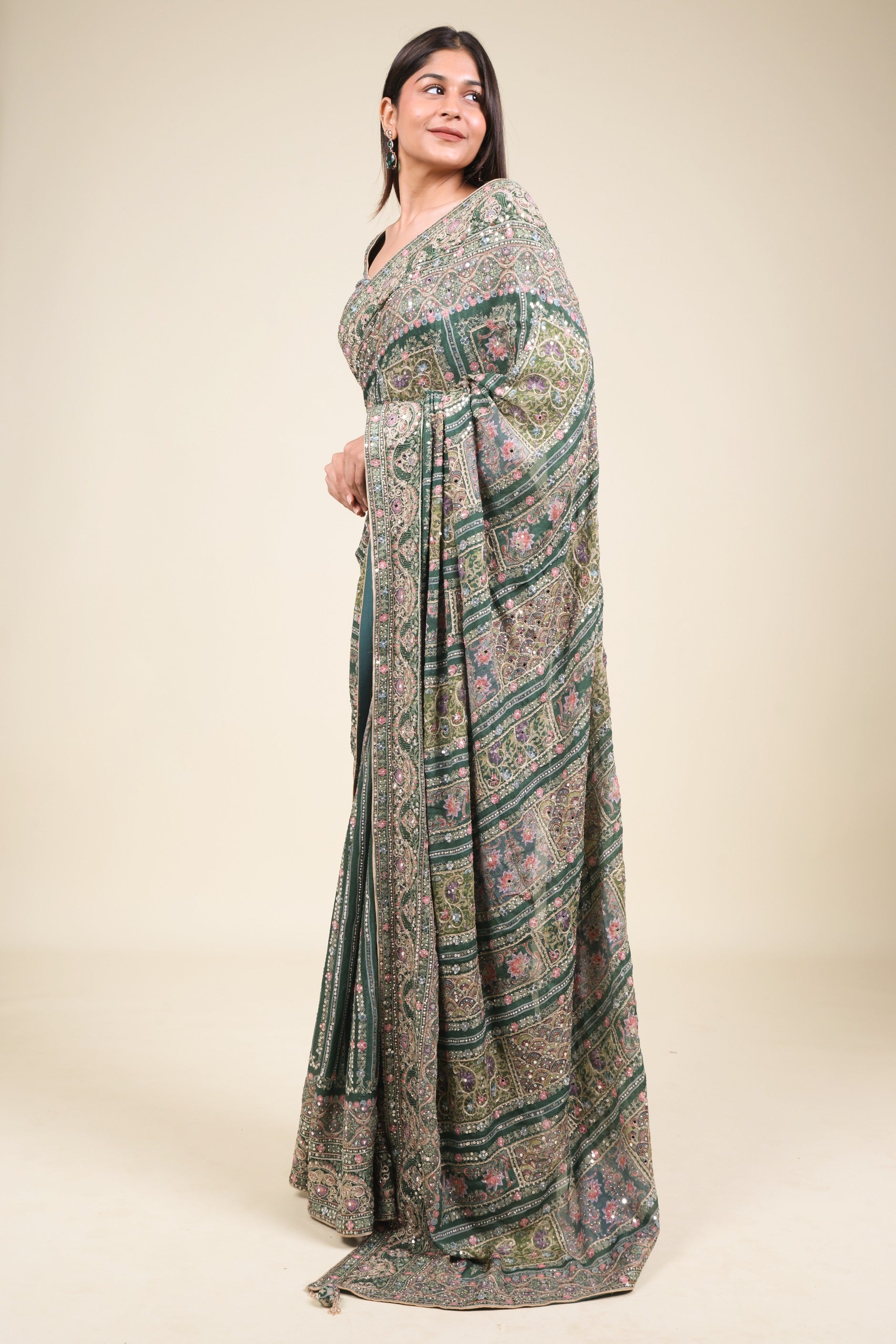 Emerald Green Soft Georgette Saree with Digital Print, Sequin & Mirror Highlights