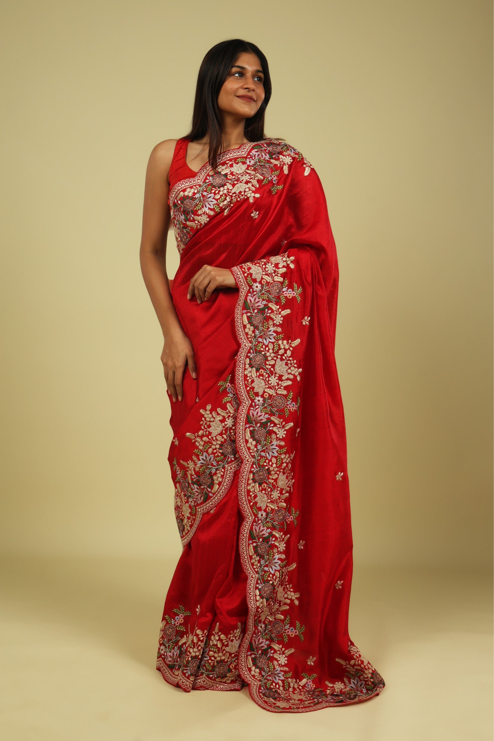 Red Handloom Tussar Saree with Thread Work Motifs & Multi-Thread Border