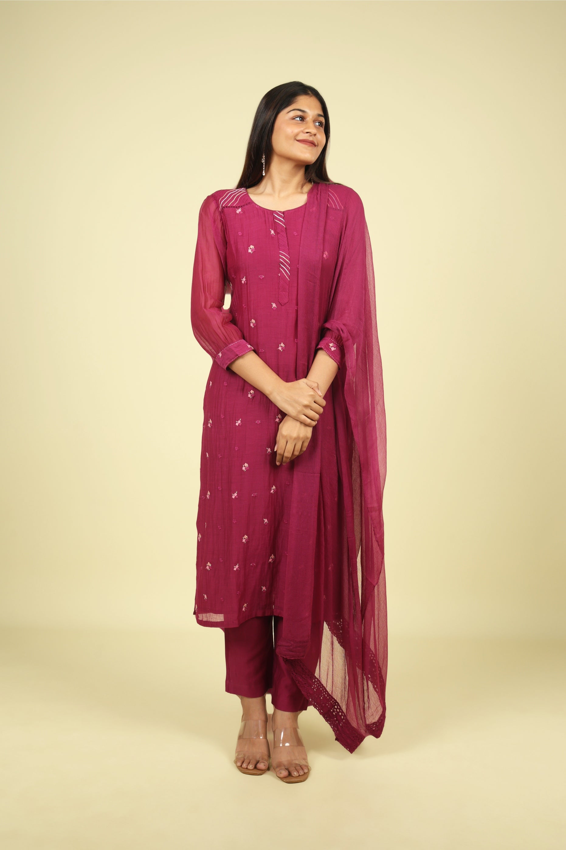 Magenta Mul Chanderi Straight Cut Salwar Set with Chiffon Dupatta