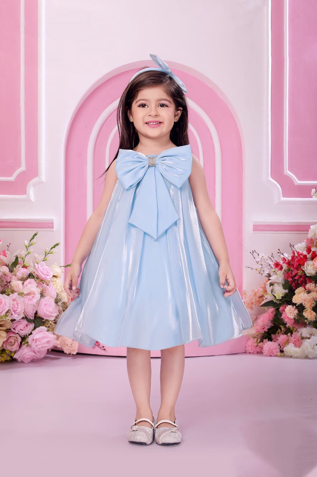 Ice Blue Shimmer Bow Frock for Girls