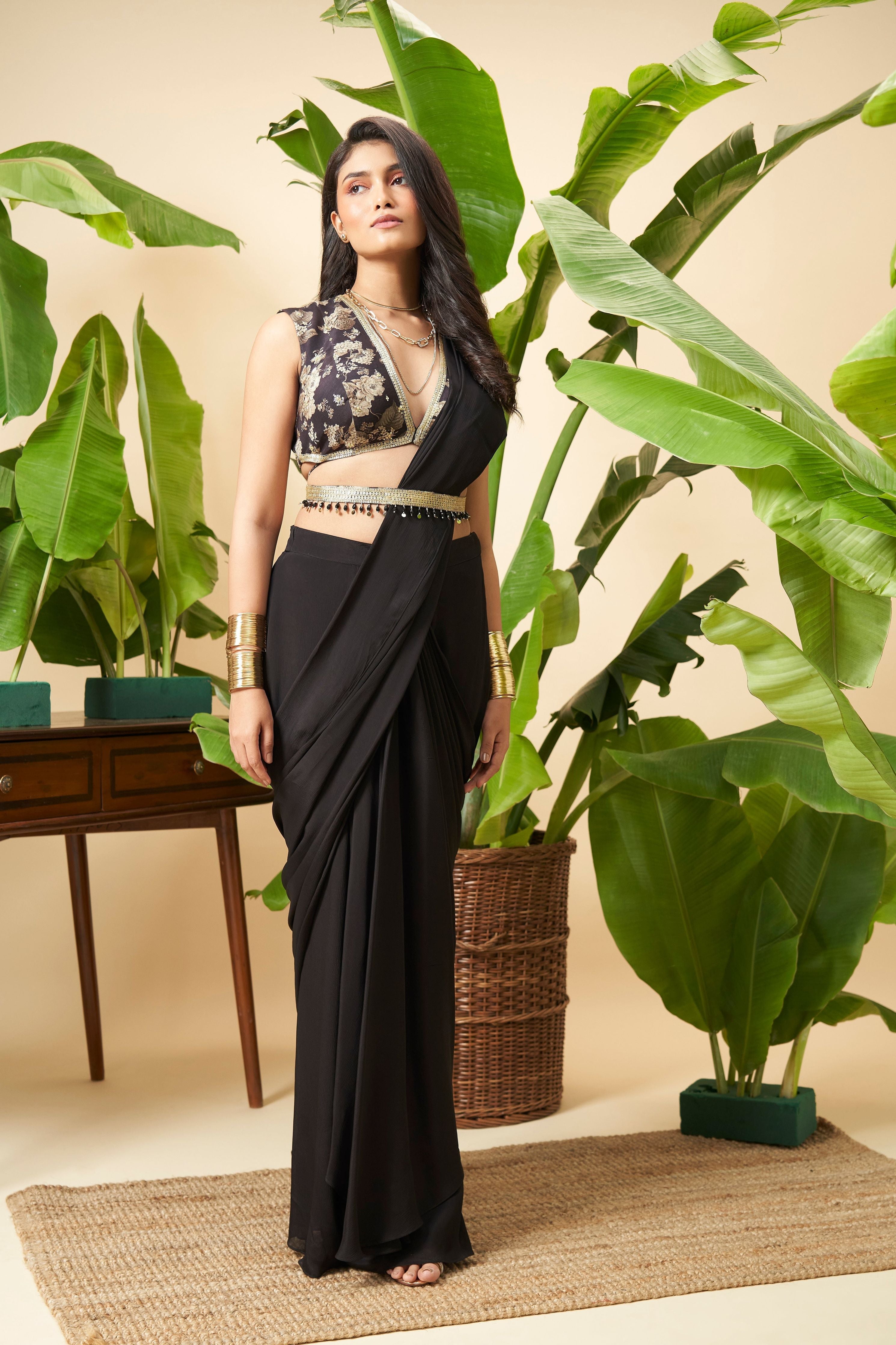 Midnight Black Georgette Drape Saree with Gold Zari Blouse  Mokshaa