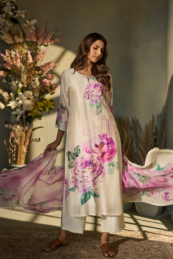 Ivory Muslin Kurta Set with Pink Floral Print & Dupatta