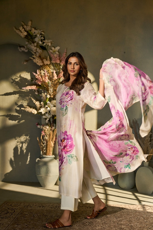 Ivory Muslin Kurta Set with Pink Floral Print & Dupatta