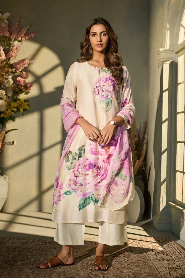 Ivory Muslin Kurta Set with Pink Floral Print & Dupatta