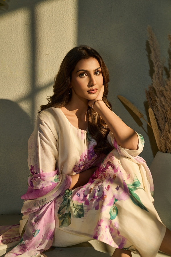 Ivory Muslin Kurta Set with Pink Floral Print & Dupatta