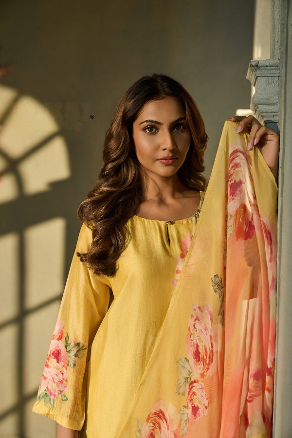 Sunshine Yellow Muslin Kurta Set with Floral Print & Dupatta