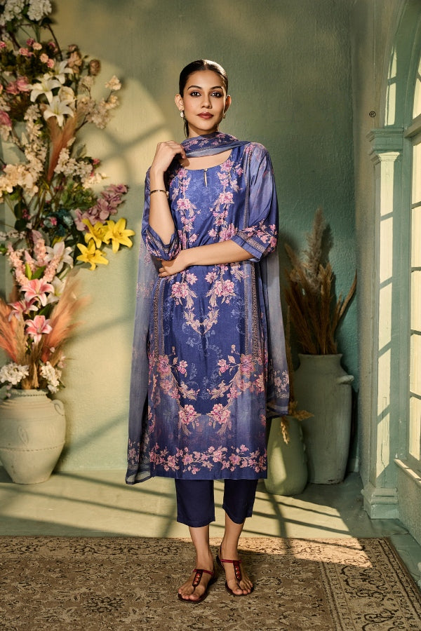 Indigo Blue Muslin Kurta Set with Soft Pink Floral Print & Dupatta