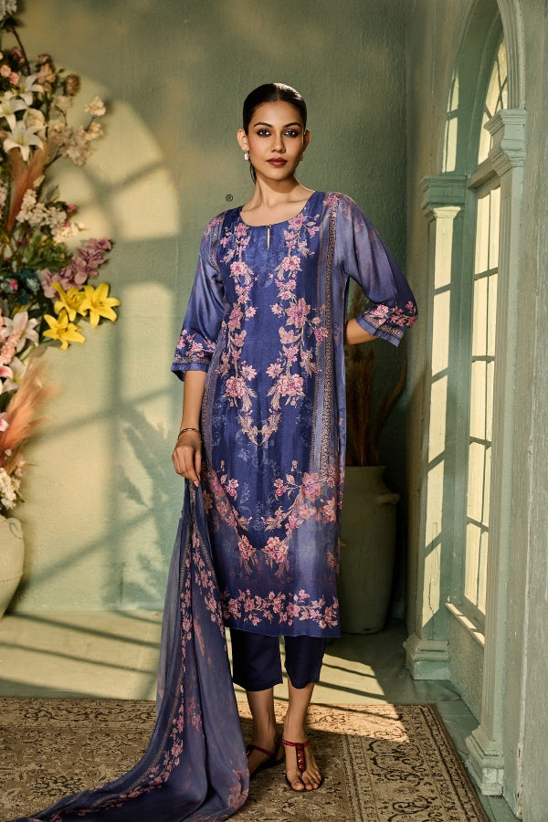 Indigo Blue Muslin Kurta Set with Soft Pink Floral Print & Dupatta