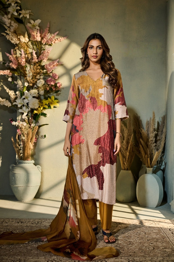 Mustard Abstract Printed Muslin Kurta Set with Dupatta