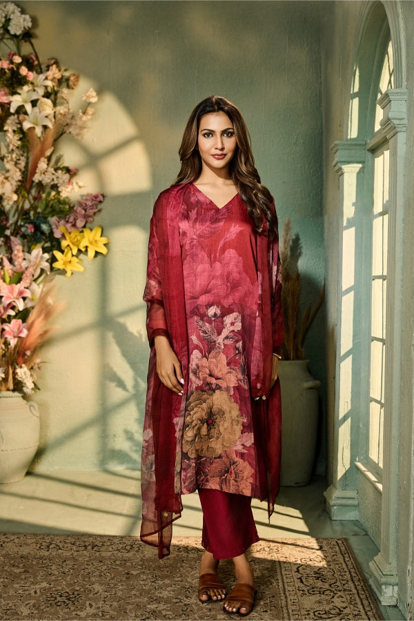 Crimson Red Floral Printed Salwar Set