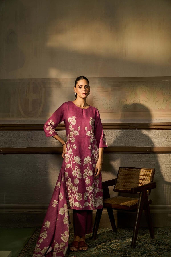 Wine Magenta Linen Floral Printed Kurta Set