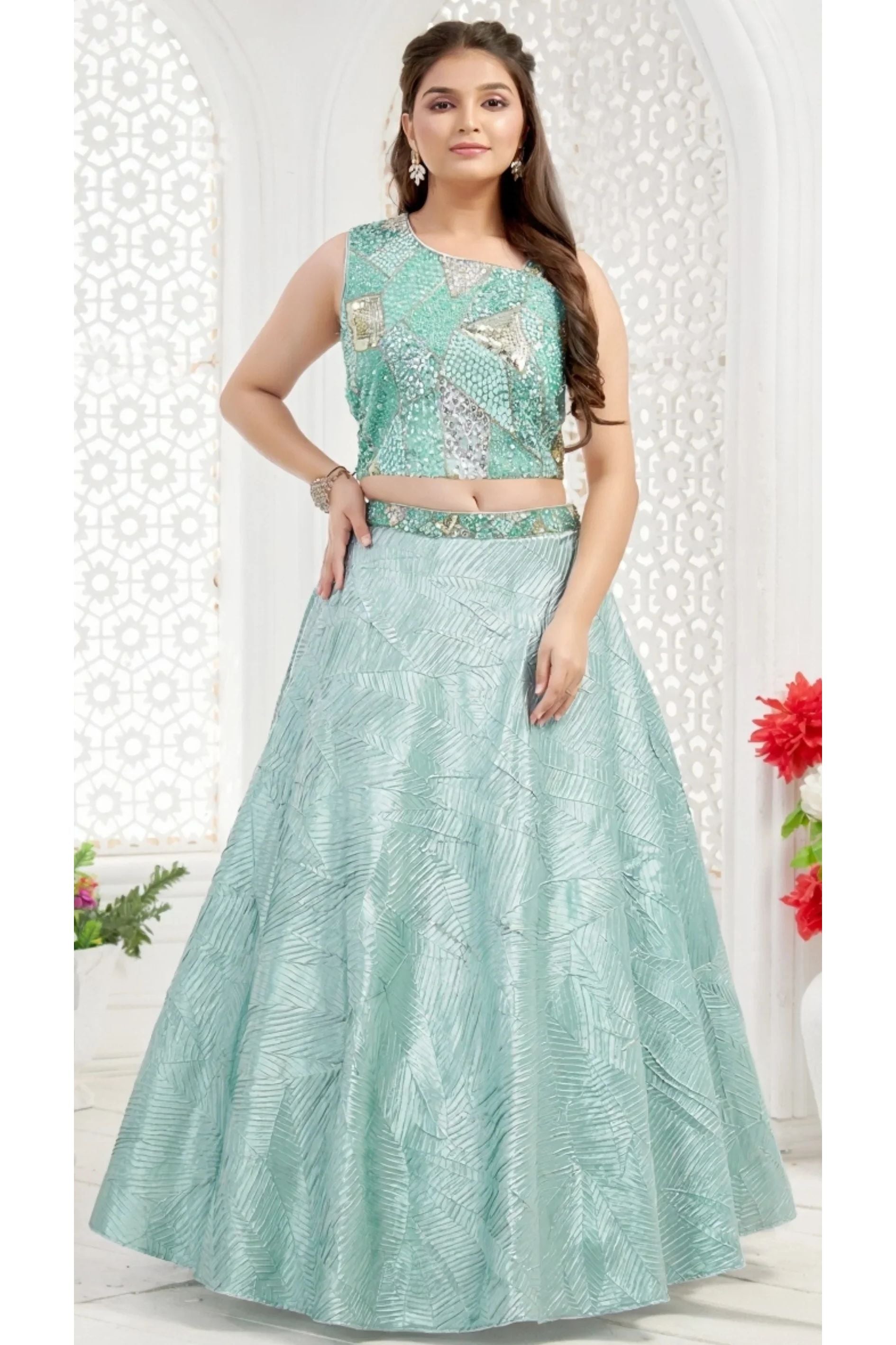 Sea Green Kids Lehenga with Sequin Embellished Blouse - Mokshaa