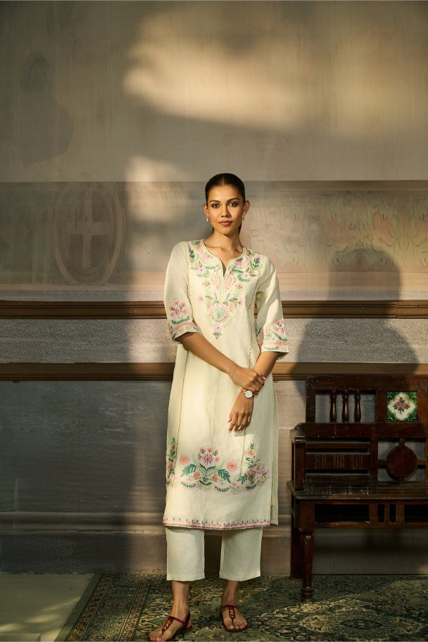 Ivory Floral Embroidered Kurta Set