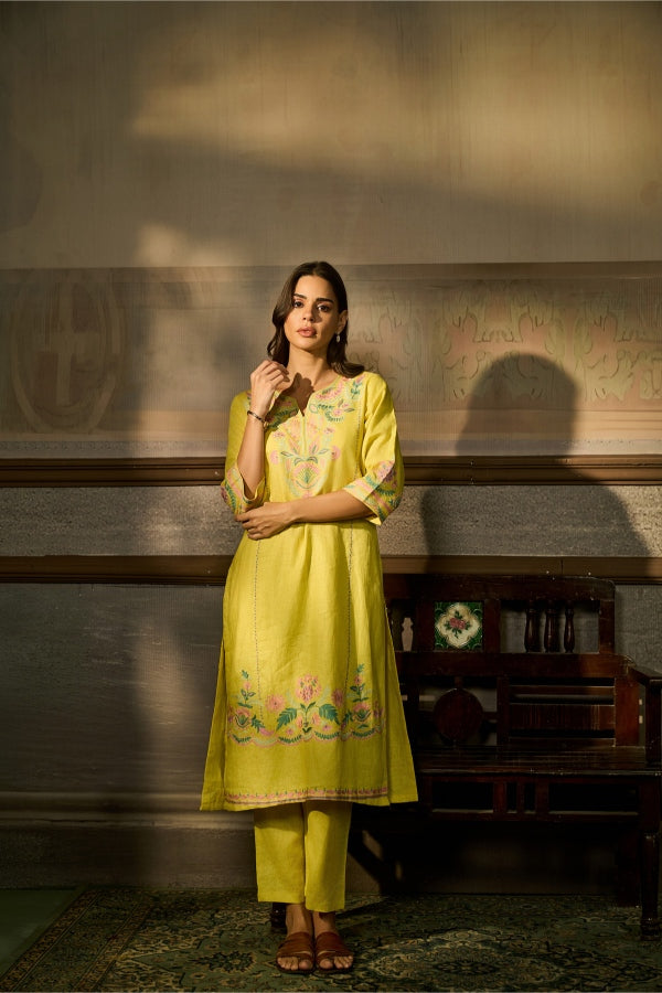 Lime Yellow Floral Embroidered Kurta Set