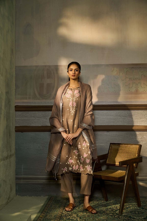 Taupe Mocha Linen Kurta Set with Floral Thread Embroidery