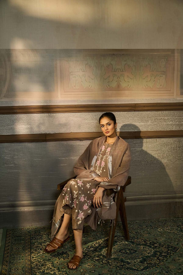Taupe Mocha Linen Kurta Set with Floral Thread Embroidery