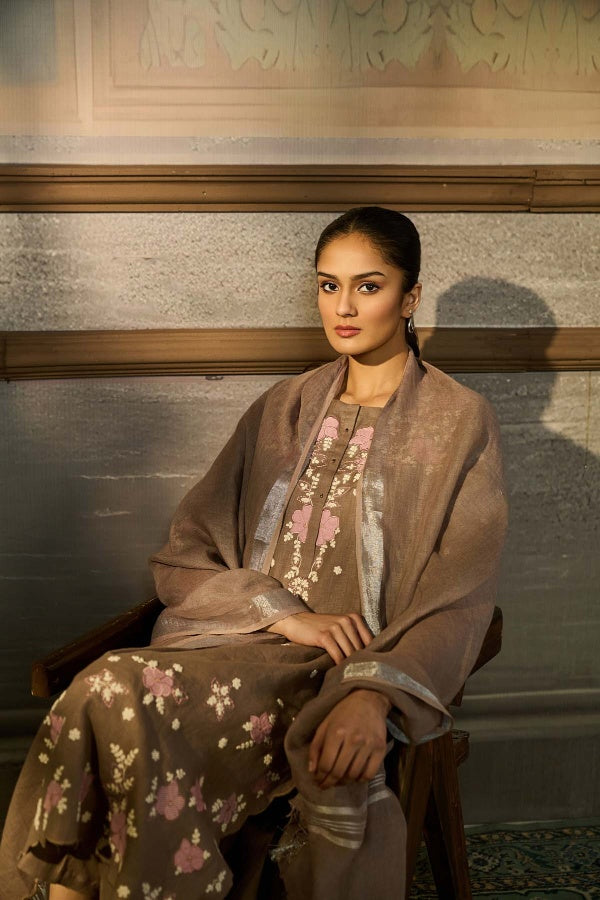 Taupe Mocha Linen Kurta Set with Floral Thread Embroidery