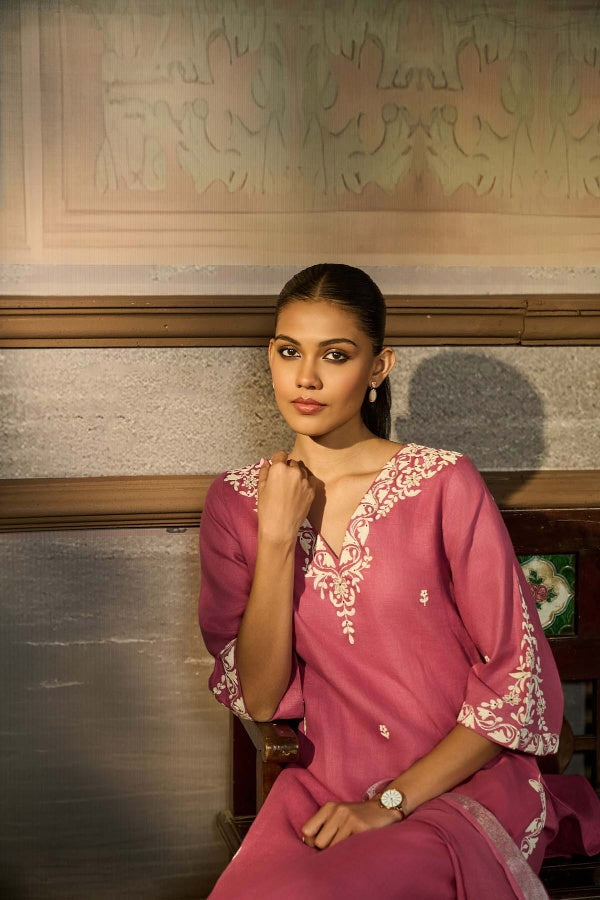 Rose Pink Linen Kurta Set with White Thread Embroidery