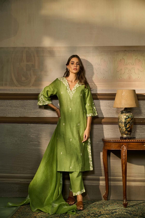 Moss Green Linen Kurta Set with Ivory Thread Embroidery