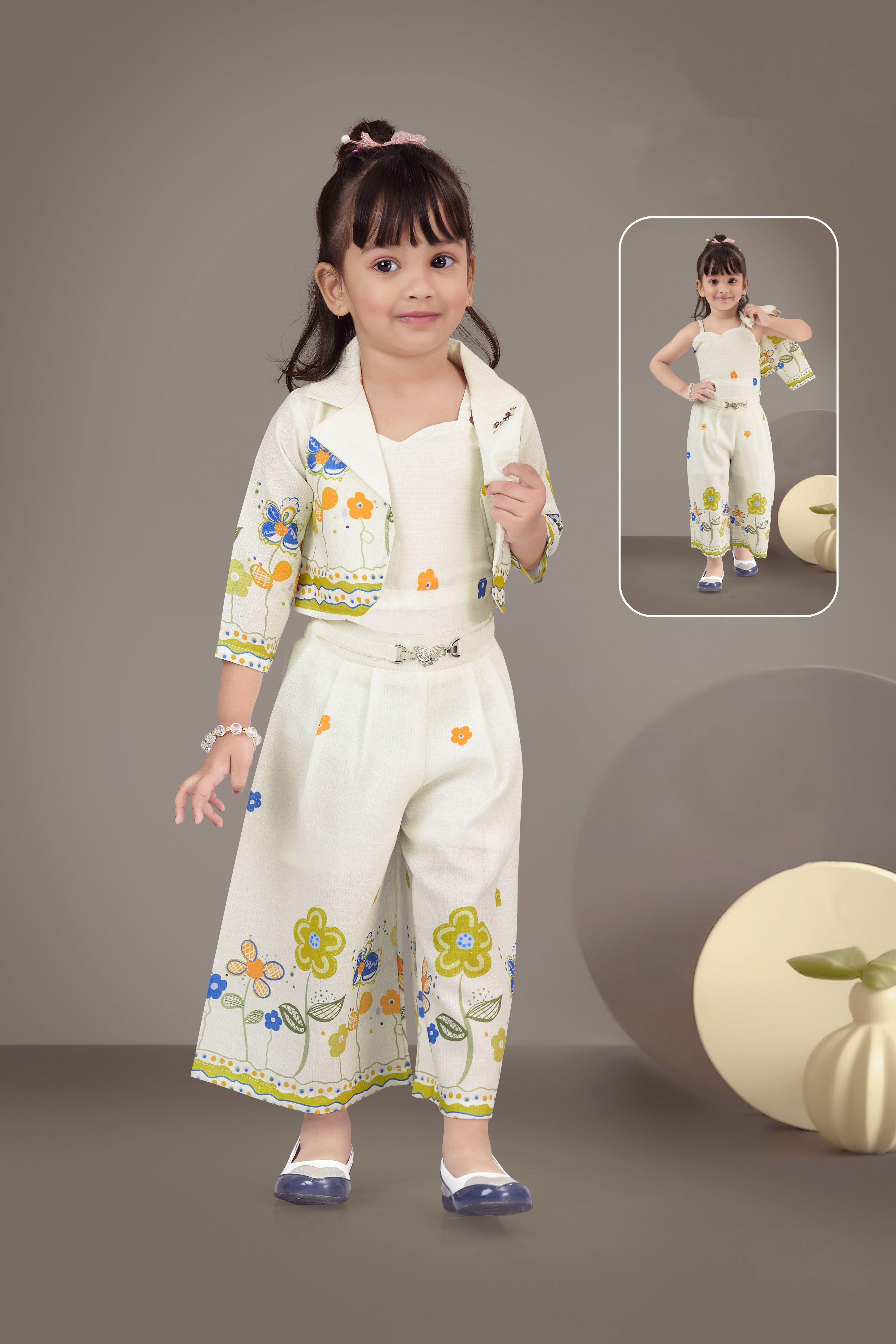 Off-White Floral Printed Jacket with Top & Palazzo Pants for Girls