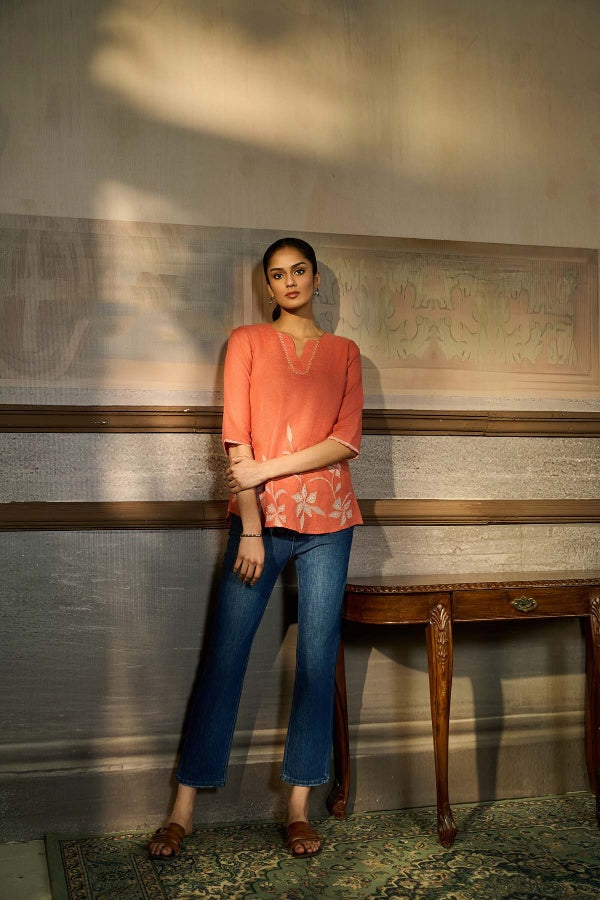 Coral Linen Top with Floral Applique