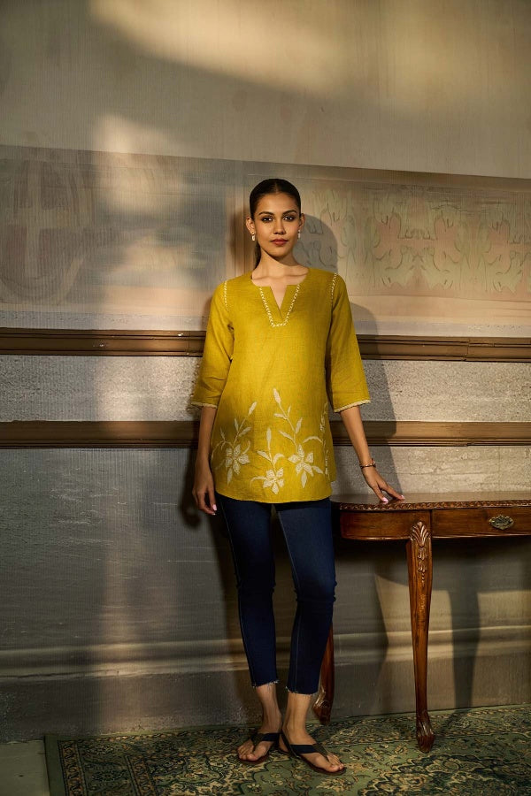 Chartreuse Linen Top with Floral Applique