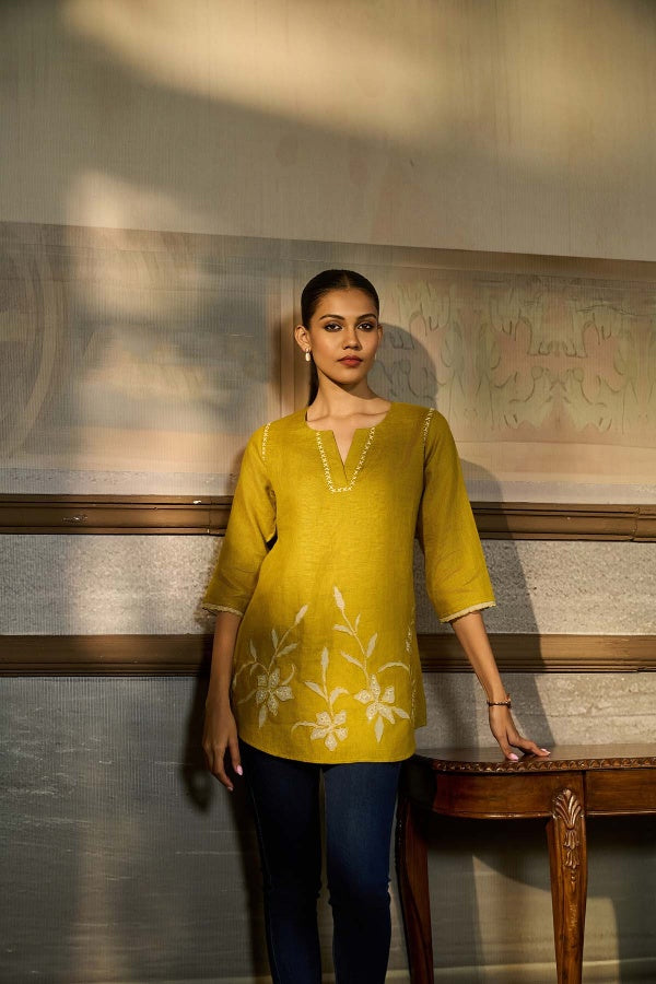 Chartreuse Linen Top with Floral Applique