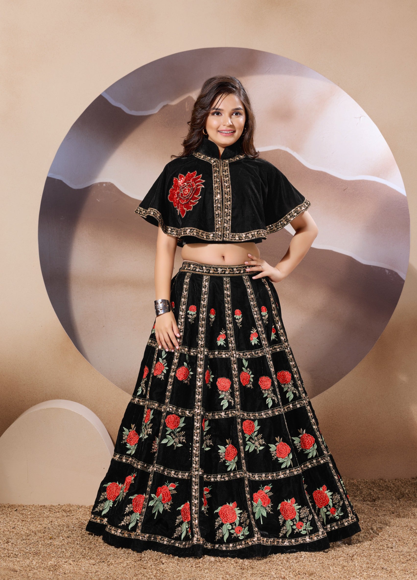 Black Velvet Floral Embroidered Lehenga Set