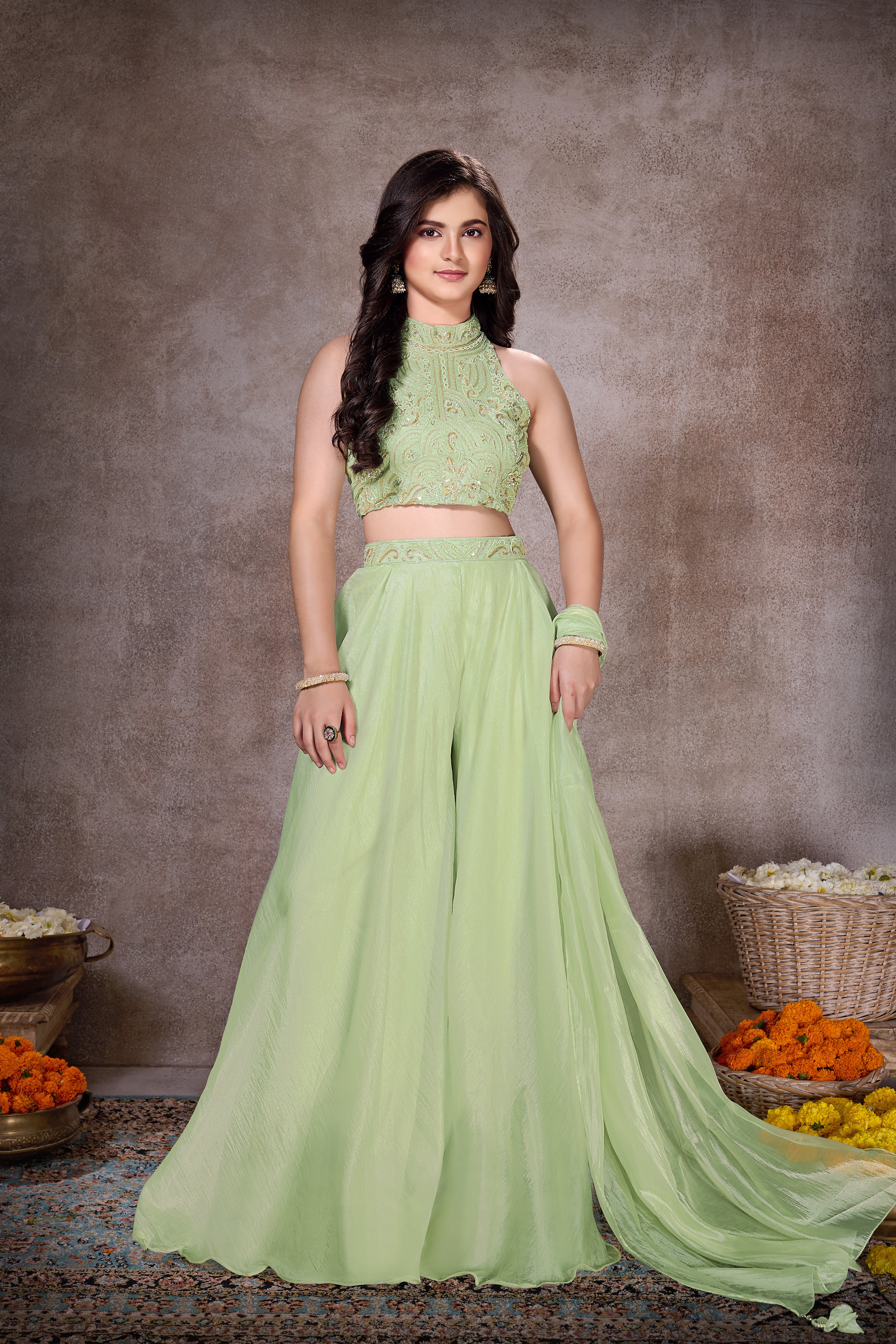 Pista Green Embroidered Crop Top & Palazzo Set for Girls