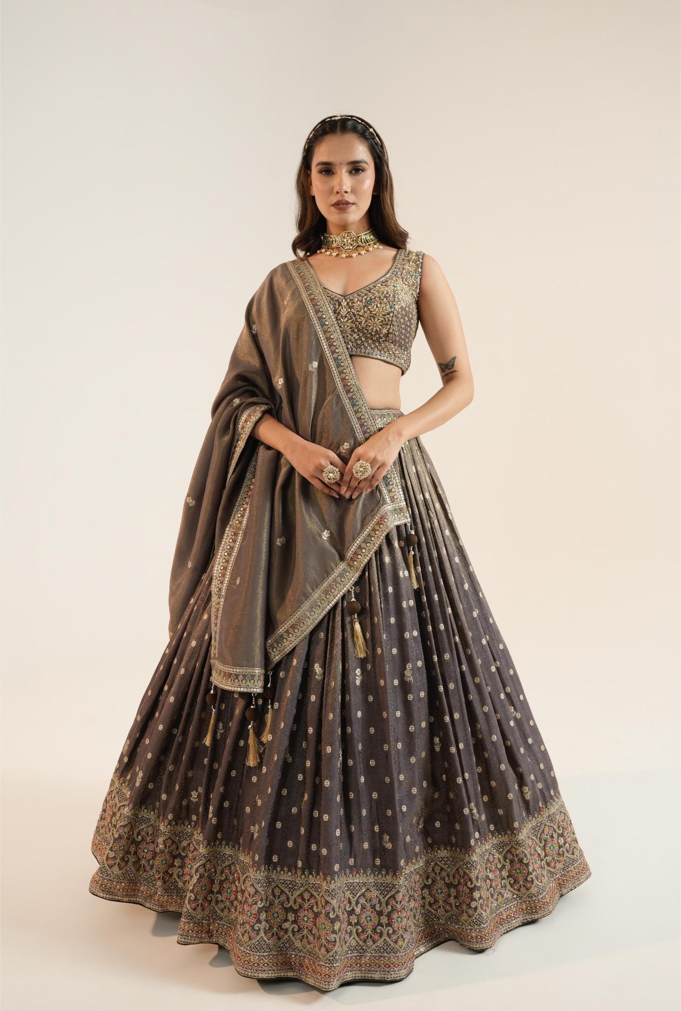Charcoal Grey Embroidered Lehenga Set