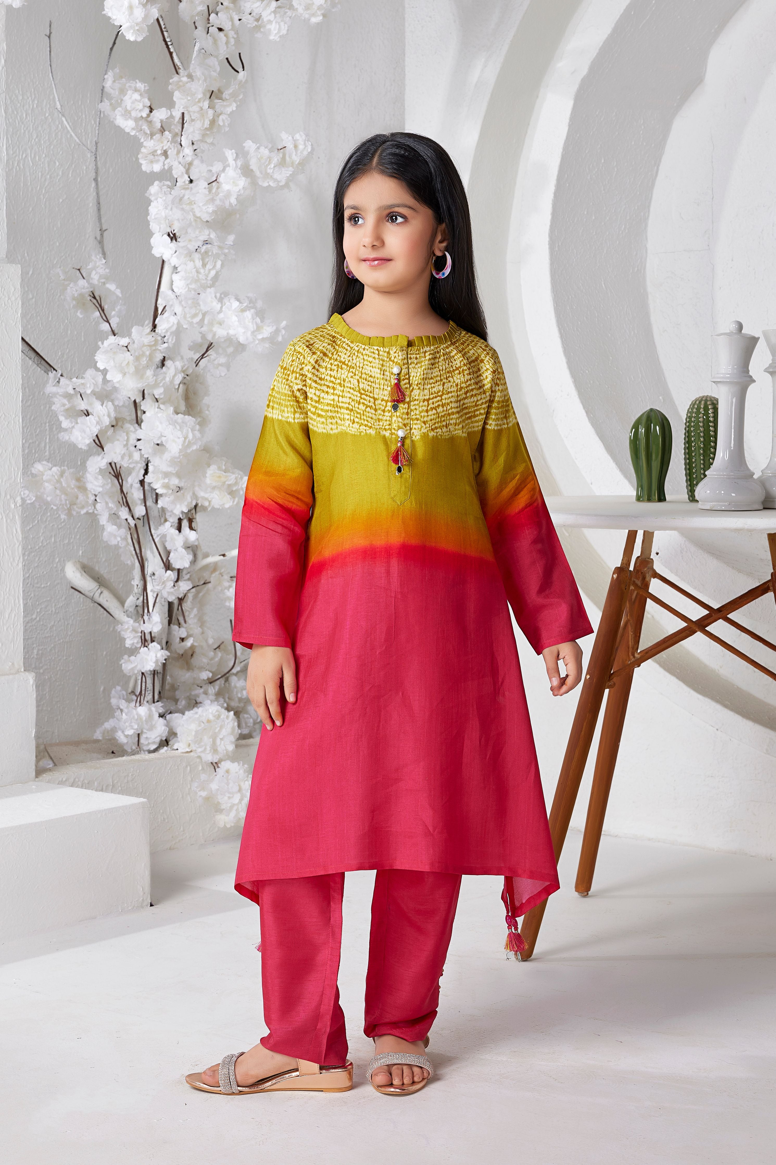 Green to Pink Ombre Tie-Dye Kurti & Pants Set for Girls